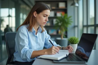 Jeune femme au bureau consulte des actualites professionnelles