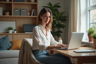 Femme assise à son bureau dans un espace cosy