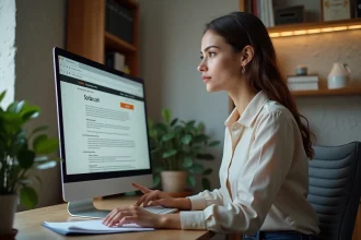 Jeune femme au bureau à domicile avec écran comparatif