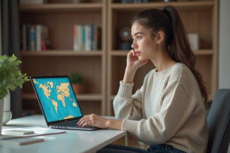 Jeune femme au bureau regardant une carte du monde