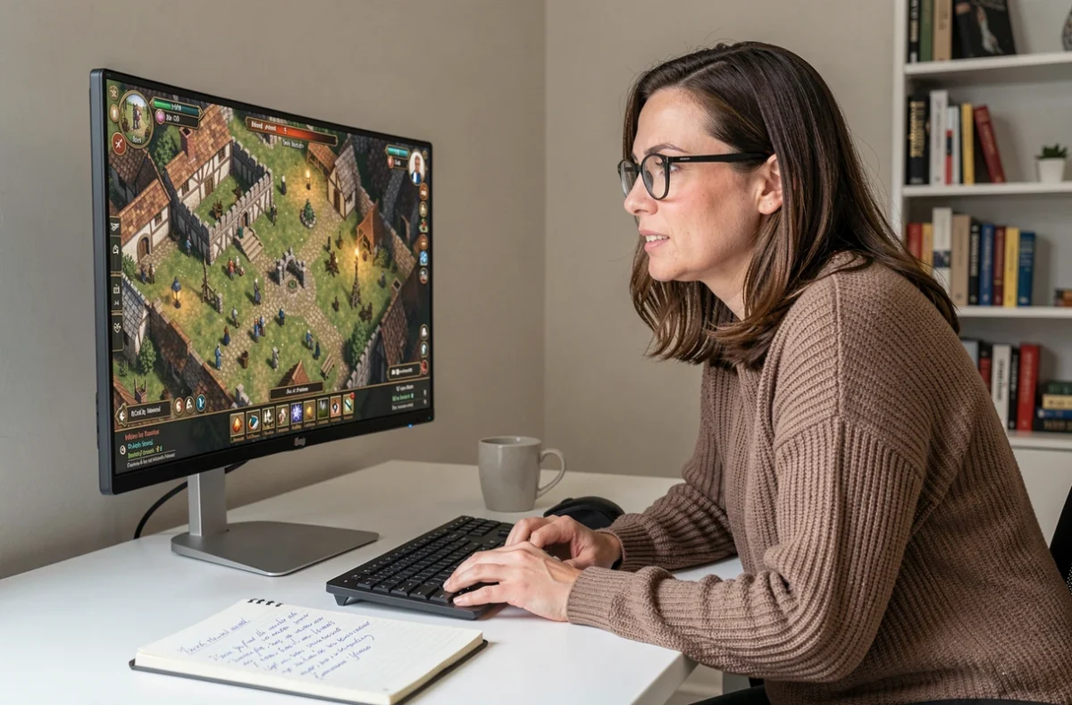Femme adulte avec lunettes prenant des notes sur les meilleurs moments pour utiliser un code triche dans Age of Empires 4