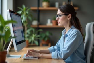 Femme au bureau avec ordinateur à écran anti-reflet