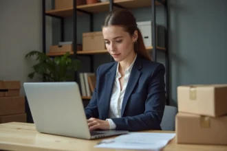 Jeune femme au bureau vérifiant un suivi de colis