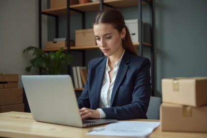 Jeune femme au bureau vérifiant un suivi de colis