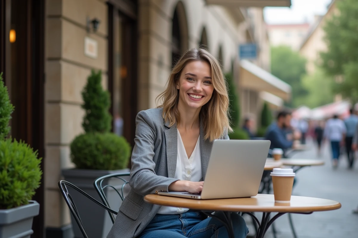 Jeune femme souriante travaillant sur son ordinateur en extérieur