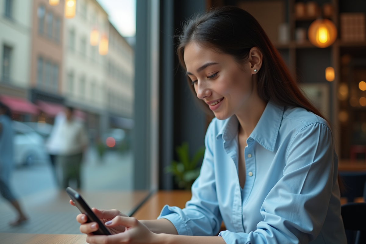 Femme au café utilisant son smartphone avec VPN