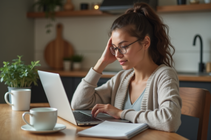 Jeune femme décontractée travaillant sur son ordinateur à la maison