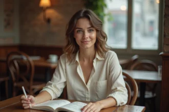 Femme lisant des citations sur la confiance en amour dans un carnet manuscrit dans un café parisien