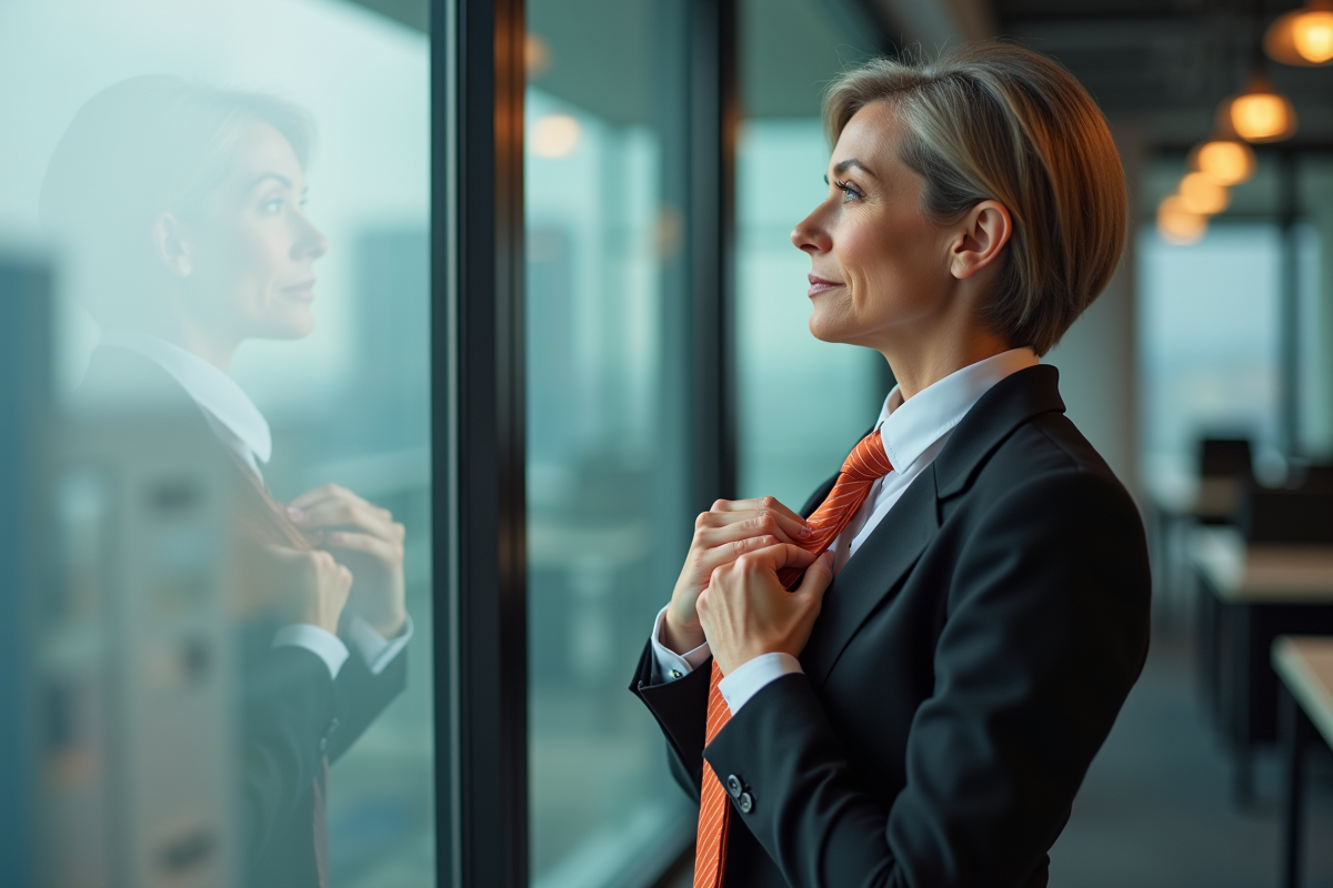 Femme confiante ajustant sa cravate dans un bureau moderne