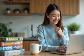 Femme souriante utilisant son smartphone dans une cuisine moderne