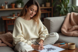Jeune femme détendue dessinant du pixel art sur papier quadrillé dans un salon cosy, activité créative anti-stress