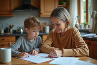 Femme et enfant regardant des papiers dans une cuisine française