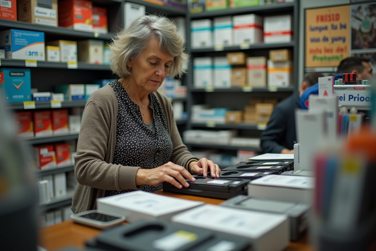 Femme espagnole arrangeant des cartouches dans une boutique de papeterie