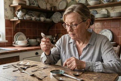 Femme âgée examinant un poinçon argent sur une cuillère ancienne dans une cuisine de campagne française