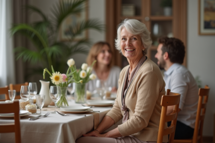 Femme d'âge moyen souriante à la table familiale chaleureuse
