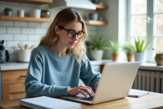 Jeune femme en sweater bleu consulte ses finances à la maison