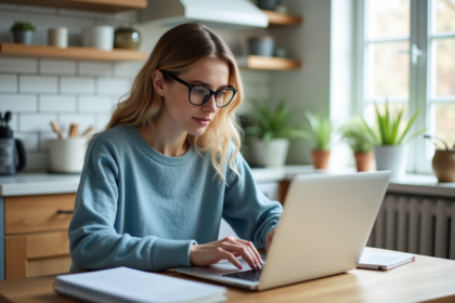 Jeune femme en sweater bleu consulte ses finances à la maison