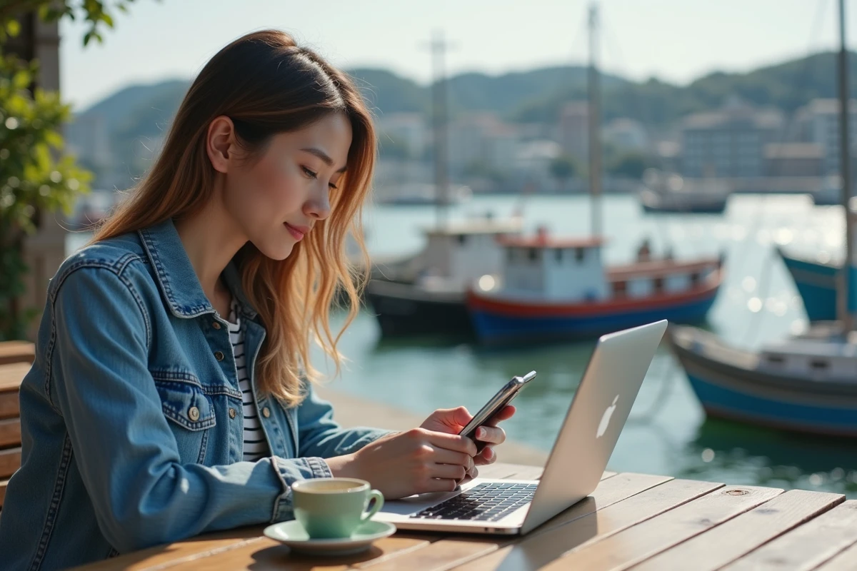 Jeune femme française utilisant son smartphone au port