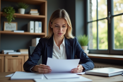 Femme professionnelle examinant des documents de prêt immobilier