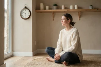 Femme contemplative regardant une horloge affichant 21h21 dans un salon minimaliste, symbolisant la signification des heures miroirs