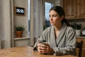 Femme contemplative devant une horloge affichant 05h55 dans une cuisine au petit matin, symbolisant la signification de cette heure miroir en amour