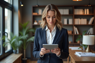 Femme confiante en agence immobiliere parisienne