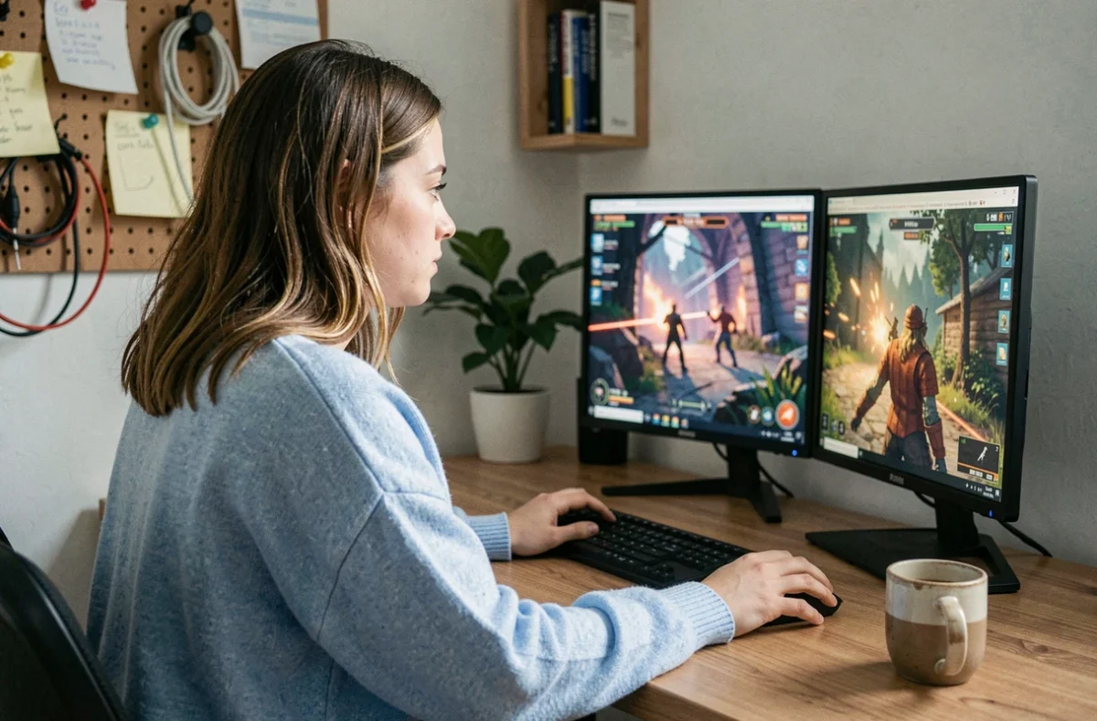 Jeune femme jouant à un jeu vidéo sur PC à son bureau, symbolisant l'analyse du temps de jeu et du prix d'un titre comme Split Fiction