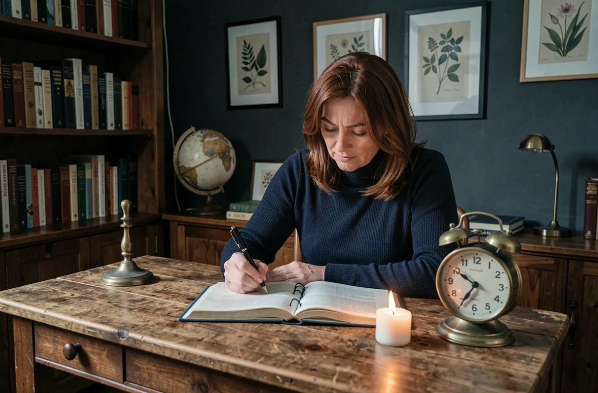 Femme écrivant dans un journal à côté d'une horloge affichant 21h21 dans un bureau intimiste, explorant le sens des heures miroirs