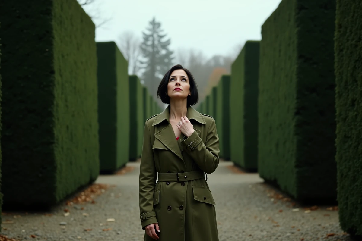 Femme seule au centre d'un labyrinthe de haies dans un jardin abandonné, représentant l'errance intérieure et les peurs modernes à travers le mythe du labyrinthe