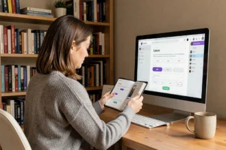 Femme lisant un ebook sur PC avec l'application Epsilon et réglages de confort visuel affichés à l'écran