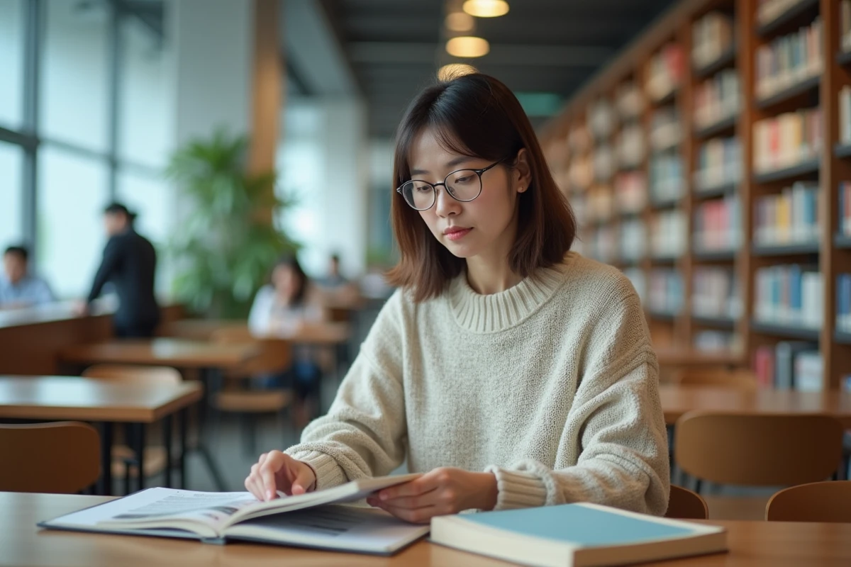 Femme lisant un manga dans une bibliothèque moderne