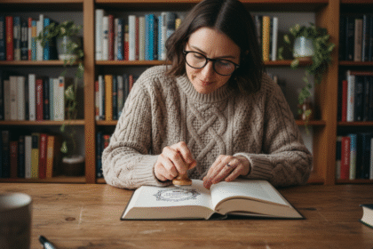 Femme en lecture avec tampon livre dans une bibliothèque chaleureuse
