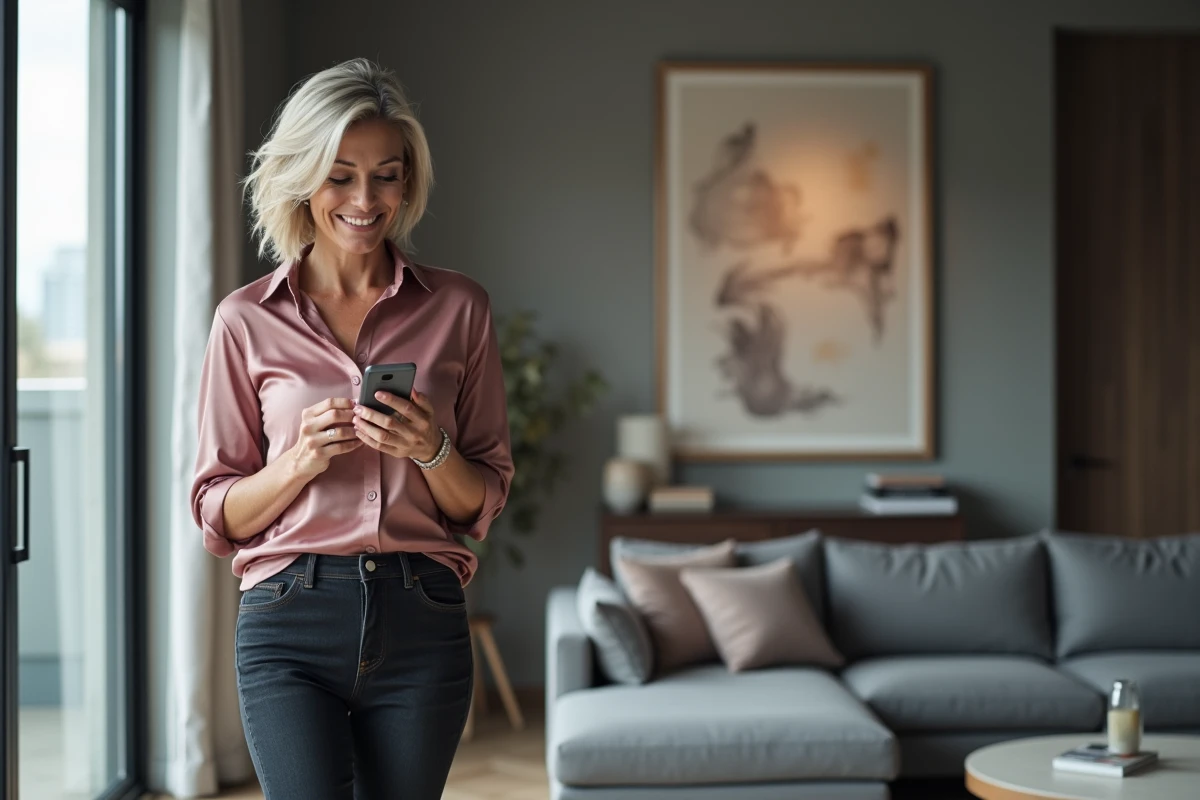 Femme mature élégante consultant une application de rencontre cougar sur smartphone dans son appartement moderne