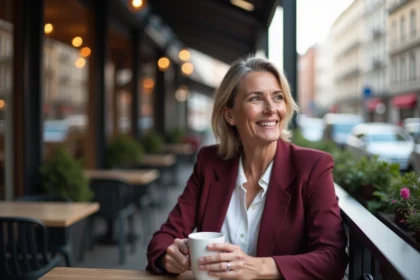 Femme mature séduisante et confiante attablée seule en terrasse de café en ville, illustrant la recherche d'un plan cougar sur internet