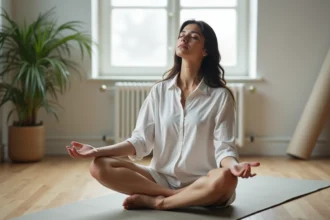 Femme en méditation les yeux fermés dans une pièce minimaliste, exprimant un état de paix intérieure et de spiritualité