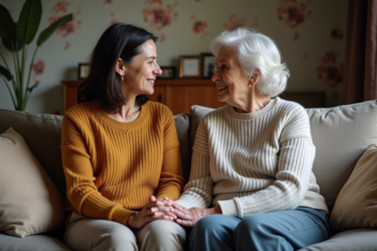 Femme d'âge moyen et sa mère âgée assises côte à côte dans un salon