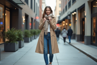 Femme élégante en trench beige dans une rue urbaine