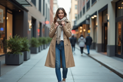 Femme élégante en trench beige dans une rue urbaine