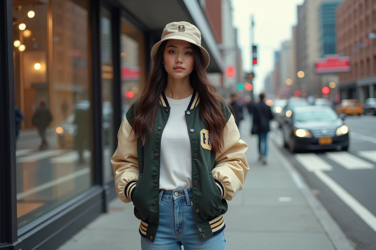 Jeune femme en style urbain sur un trottoir animé