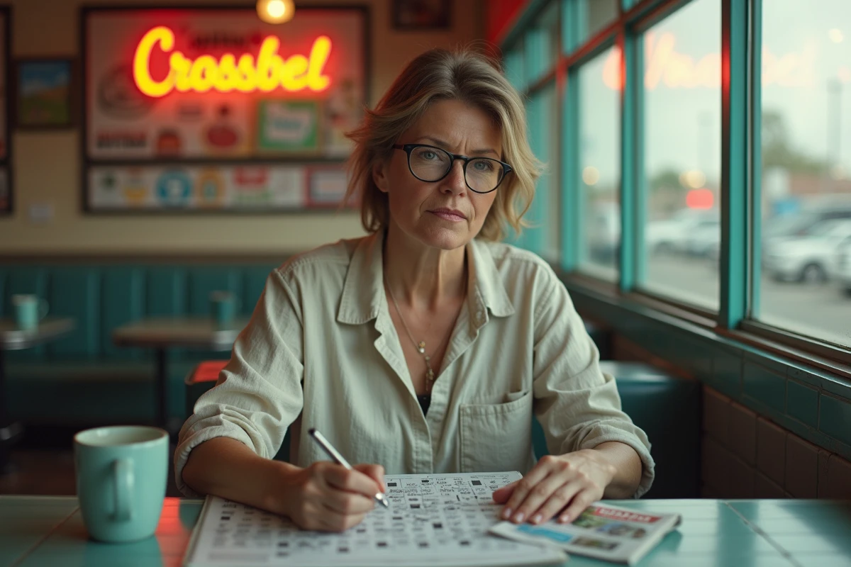 Femme concentrée résolvant des mots croisés dans un diner vintage d'une petite ville du Nevada avec une tasse de café