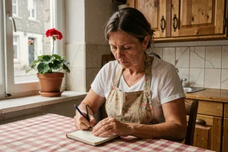 Femme ordinaire écrivant dans un carnet dans une cuisine modeste de province, ambiance intimiste et réaliste