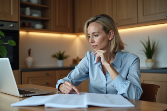 Femme d'âge moyen en cuisine organisée et moderne