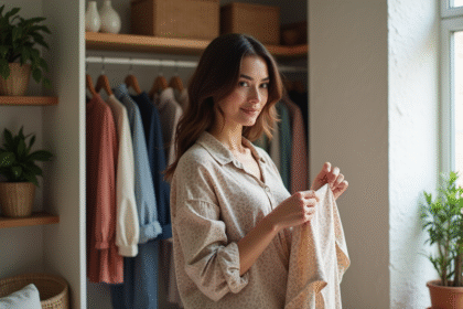 Femme stylée regardant un vêtement dans son placard