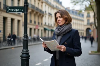 Femme en manteau navy et écharpe à Paris dans le Marais