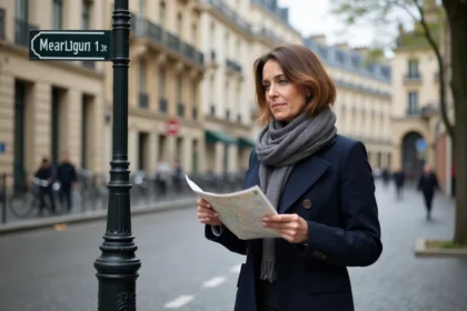 Femme en manteau navy et écharpe à Paris dans le Marais