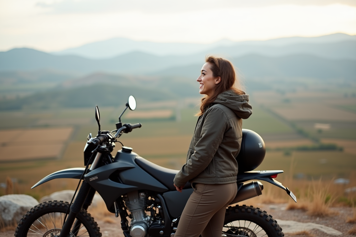 Femme souriante avec sa moto dans un paysage montagneux