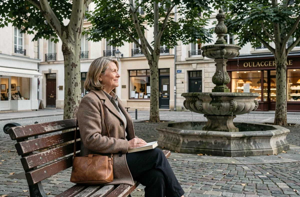 Femme pensive assise sur un banc de place de village en France, portrait mélancolique d'une vie ordinaire