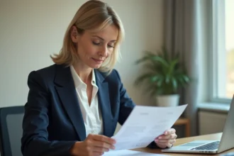 Femme professionnelle lisant une lettre formelle rédigée avec un générateur de lettres à son bureau
