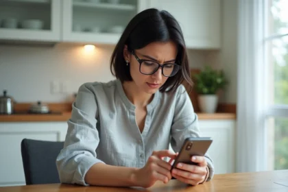 Femme consultant une application de numéro inversé sur son smartphone dans une cuisine moderne