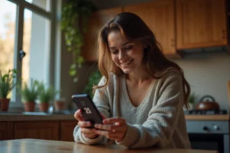 Jeune femme pensant en cuisine avec son téléphone